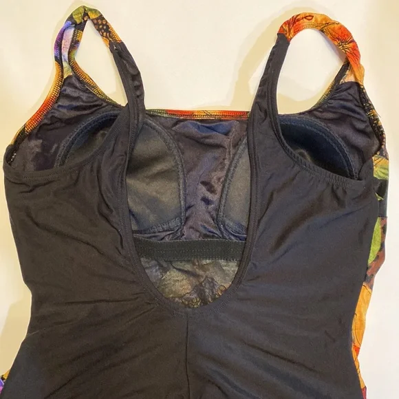 💜VGUC 14 One Piece Croft & Barrow Plus Size Swim Suit black floral gold orange - Picture 6 of 12